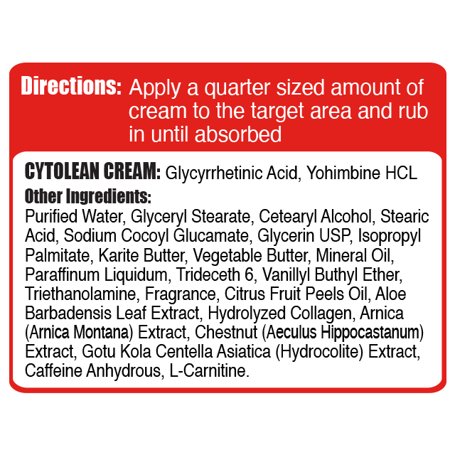 Directions and ingredients for Cytolean Cream included in the Gaspari Nutrition Summer Shred Stack, explaining how to use the topical fat-burning cream.