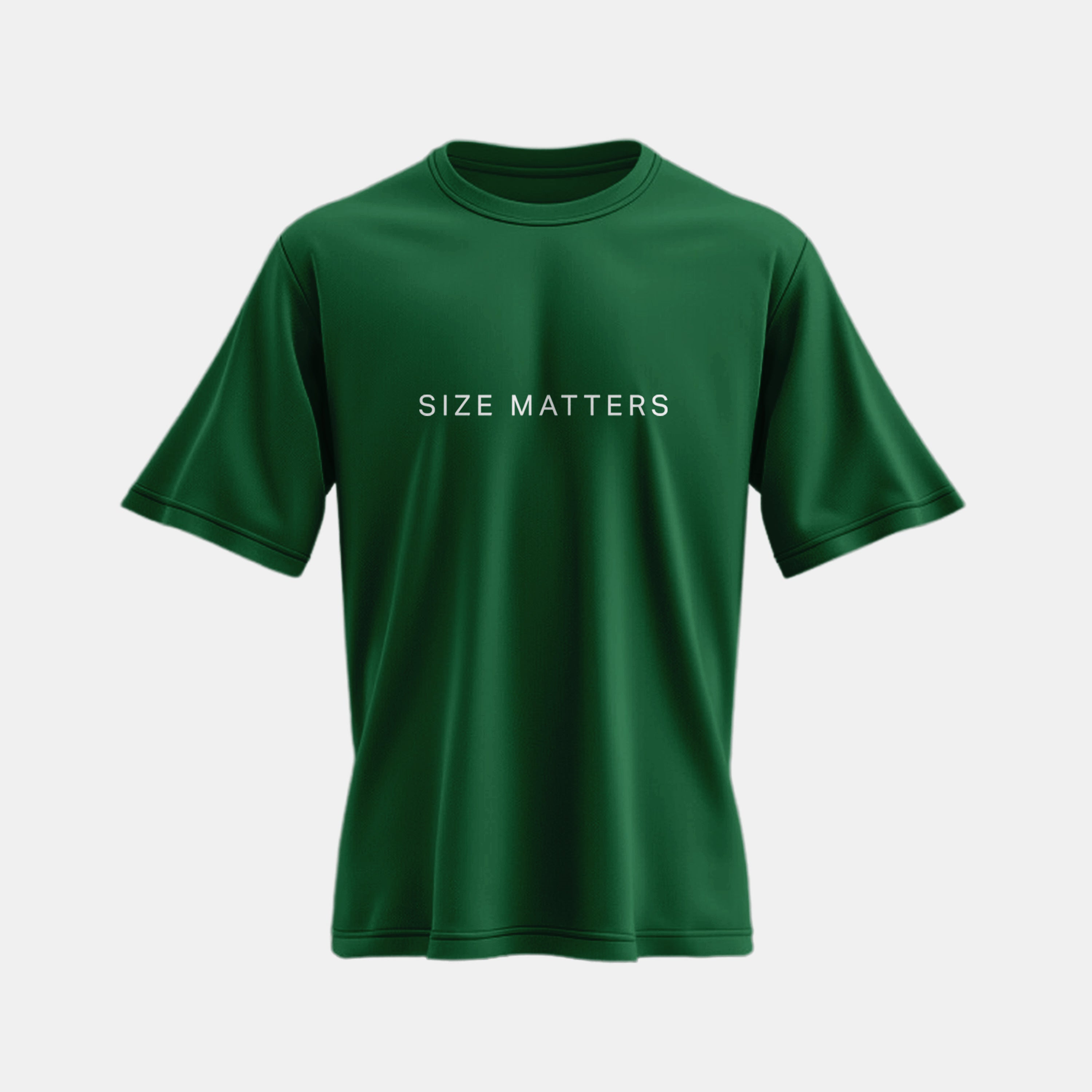 Front view of a green oversized t-shirt with 'Size Matters' printed on the front, perfect for workouts and casual outings.