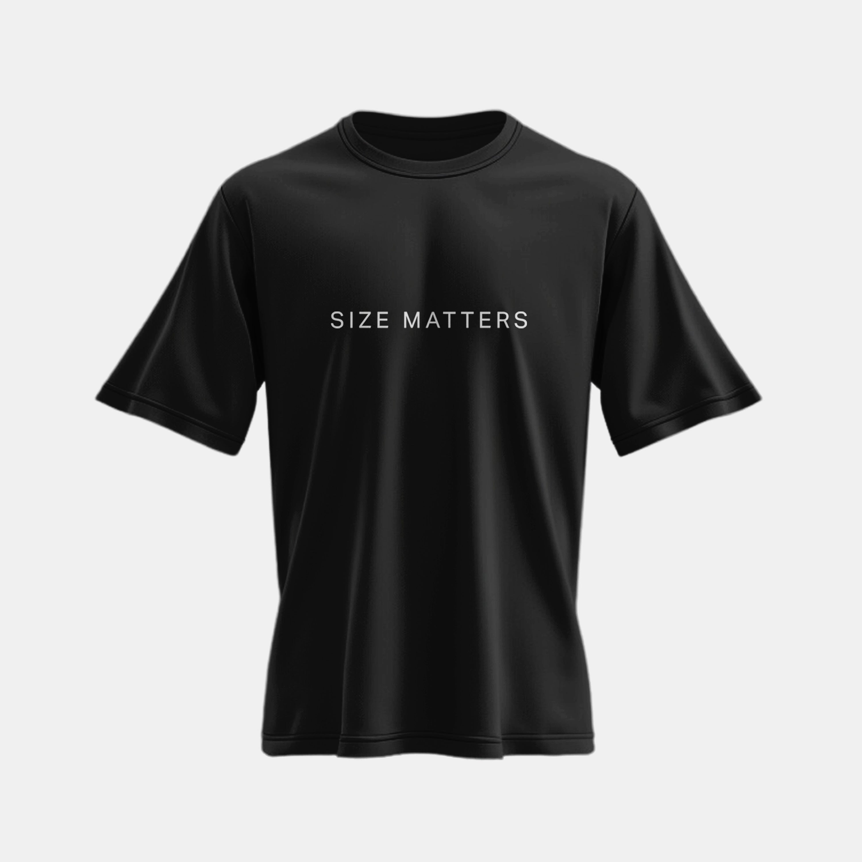 Front view of a black oversized t-shirt featuring the text 'Size Matters', crafted for style and performance at the gym.