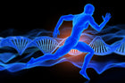 A digital illustration of a blue silhouette of a running man, symbolizing fitness and athletic performance, with a backdrop of flowing wave patterns and DNA strands, highlighting the connection between amino acids and muscle growth.