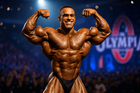 Muscular bodybuilder flexing his biceps on stage at the Olympia event, showcasing impressive strength and physique.