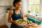 A smiling woman holding a healthy salad with chicken, surrounded by bowls of fruits and an avocado, in a bright kitchen setting promoting healthy eating for weight loss.
