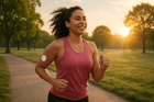 A smiling woman with curly hair jogging in a park during sunrise, wearing a pink athletic tank top and a fitness tracker on her arm, promoting physical activity for diabetes management.