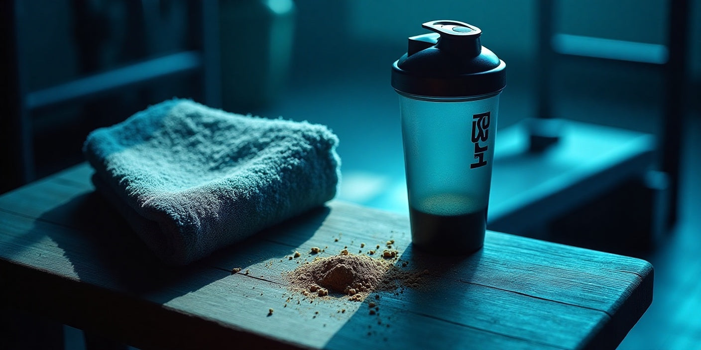 This image showcases the essential setup of a fitness enthusiast’s pre workout ritual: a shaker bottle, a clean towel, and a fresh scoop of supplement powder.
