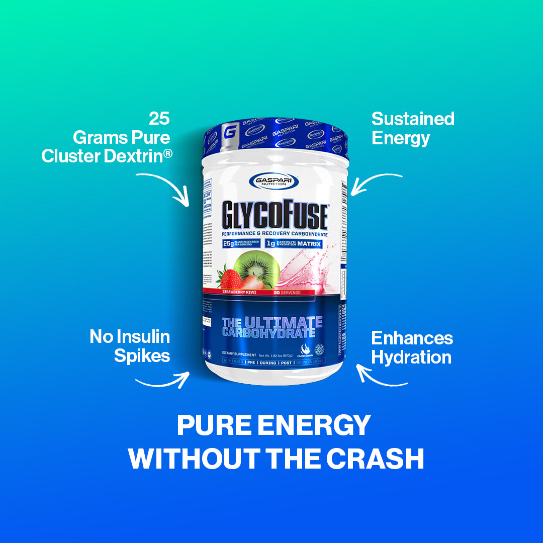 GlycoFuse highlighting benefits including sustained energy, no insulin spikes, and hydration for workout performance.