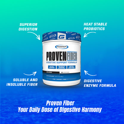Promotional graphic featuring Gaspari Nutrition Proven Fiber Digestive Support with text emphasizing superior digestion and heat stable probiotics.