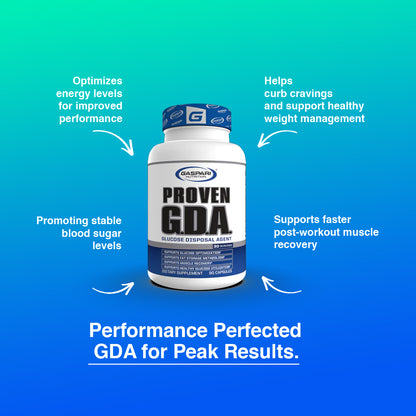 Proven GDA - Glucose Disposal Agent bottle with promotional text emphasizing energy optimization and blood sugar stability.