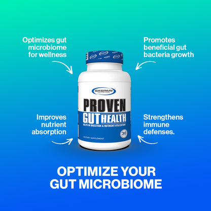 Proven Gut Health by Gaspari Nutrition, showcasing a bottle with benefits emphasizing gut microbiome optimization, nutrient absorption improvement, and immune defense strengthening.
