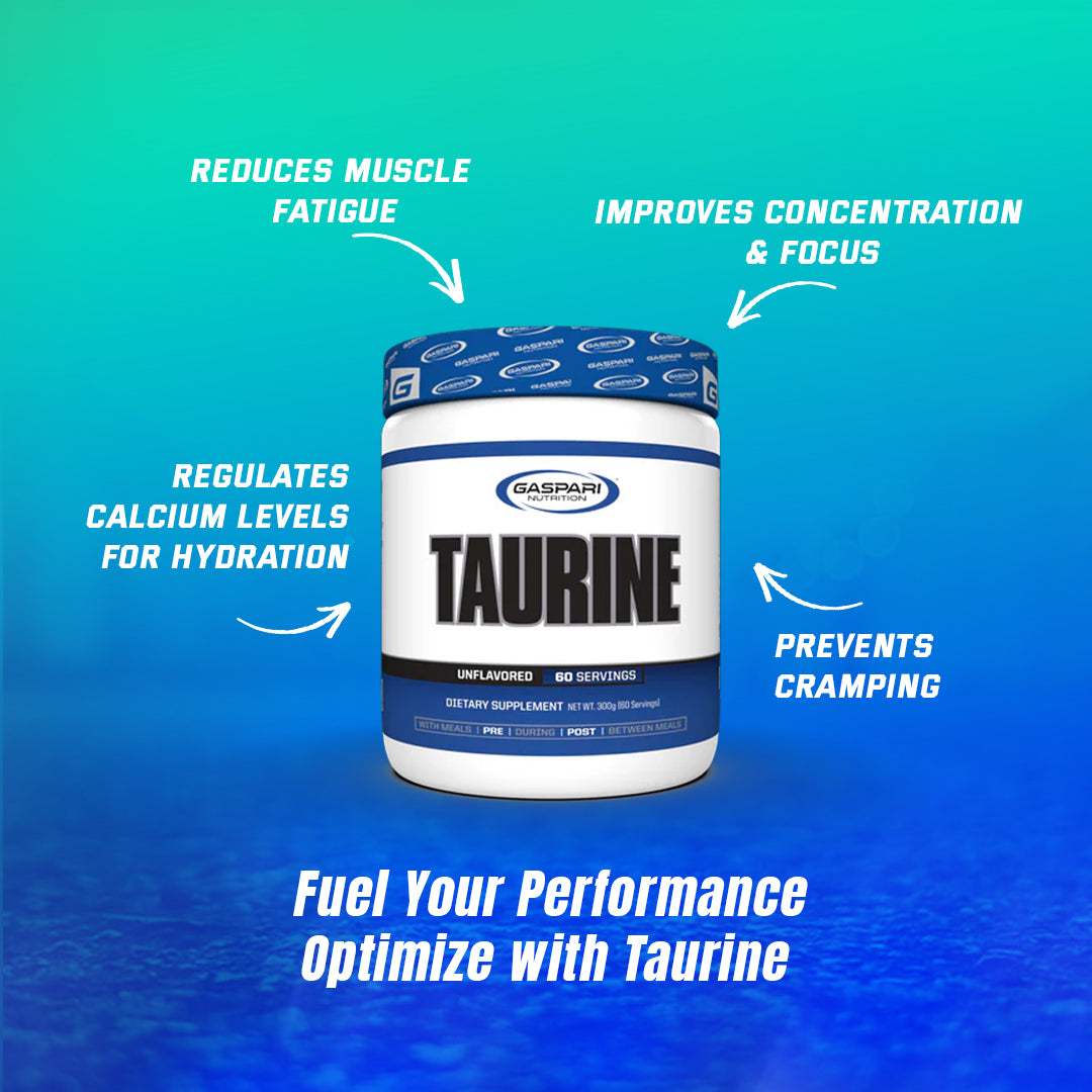 Promotional graphic featuring Gaspari Nutrition Taurine supplement, showing key benefits like reducing muscle fatigue and improving focus.