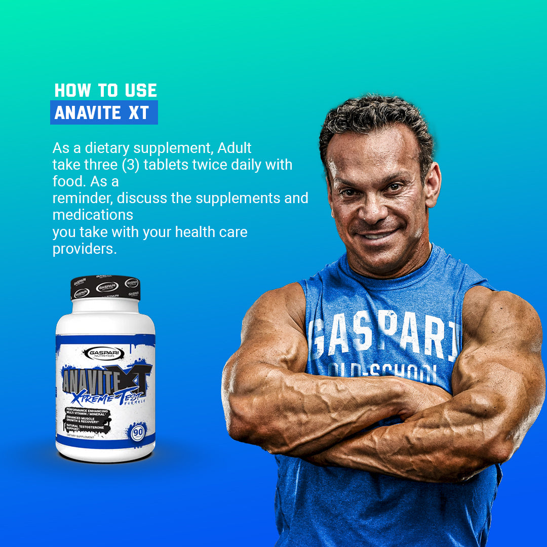 Anavite XT - Sports Multi-vitamin + Extreme Test Booster instructions shown alongside a muscular individual, emphasizing how to use this sports multi-vitamin effectively for optimal results.