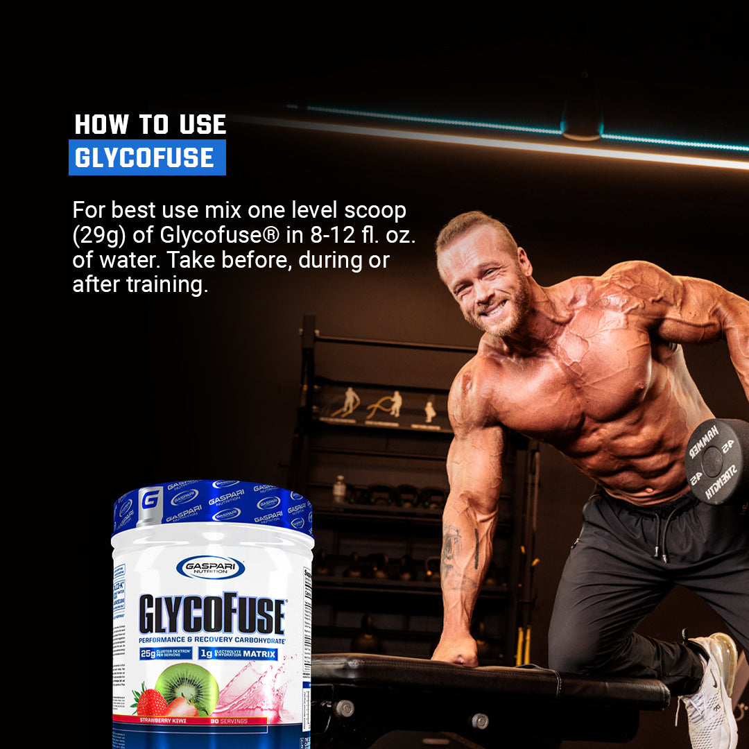 An athlete using GlycoFuse during a workout, demonstrating how to mix it with water for performance and recovery.