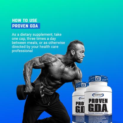 Fitness model demonstrating muscle training with Proven GDA - Glucose Disposal Agent next to him, highlighting its benefits for recovery.
