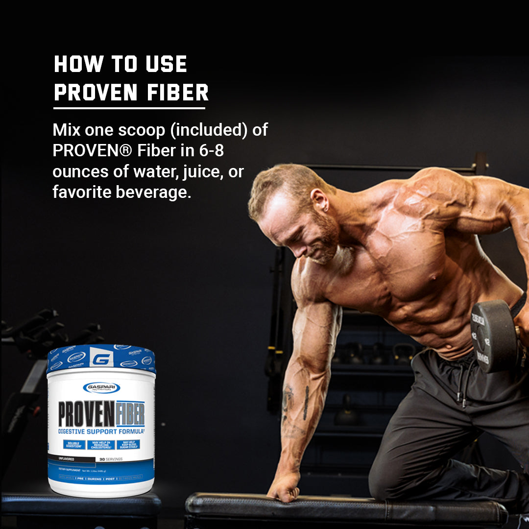 Instructional image demonstrating how to use Gaspari Nutrition Proven Fiber Digestive Support for optimal digestive support.