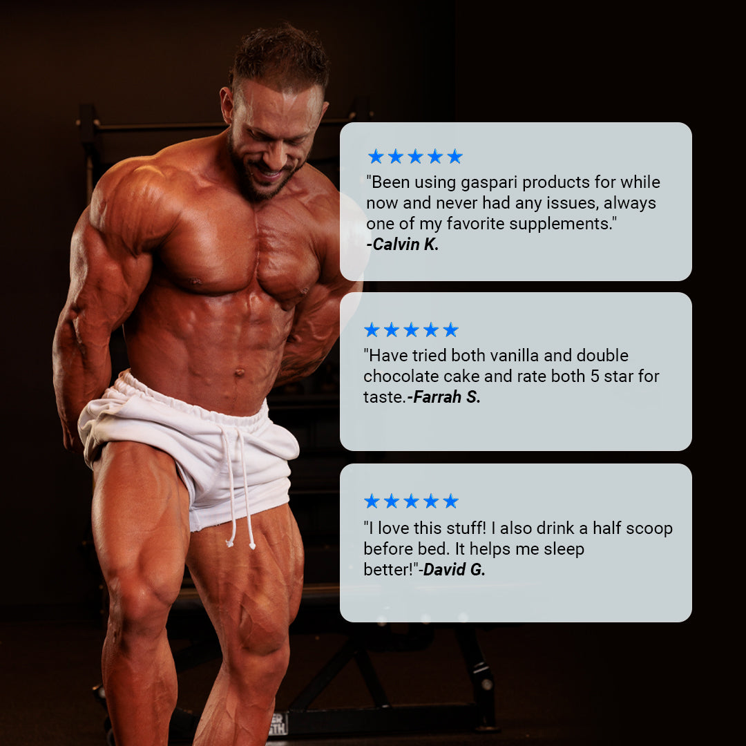 Positive customer testimonials with an image of a fit individual recommending Gaspari Nutrition Proven Vegan™ Organic Plant-Based Protein.