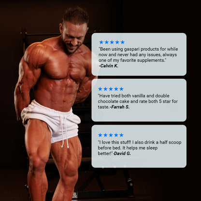 Positive customer testimonials with an image of a fit individual recommending Gaspari Nutrition Proven Vegan™ Organic Plant-Based Protein.