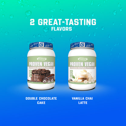Comparison of two flavorful options of Gaspari Nutrition Proven Vegan™ Organic Plant-Based Protein: Double Chocolate Cake and Vanilla Chai Latte.