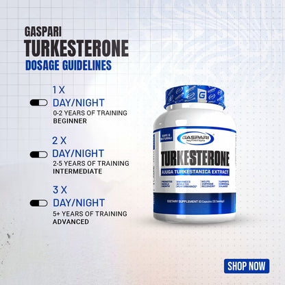 Dosage guidelines for Gaspari Turkesterone, recommending usage based on training experience from beginner to advanced.