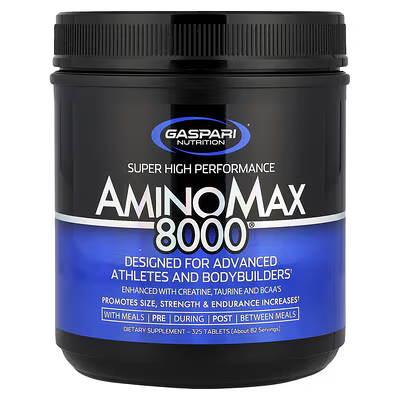 AminoMax 8000 supplement by Gaspari Nutrition in a black container, featuring a blue label that highlights its use for building lean muscle mass. Ideal for athletes and bodybuilders.