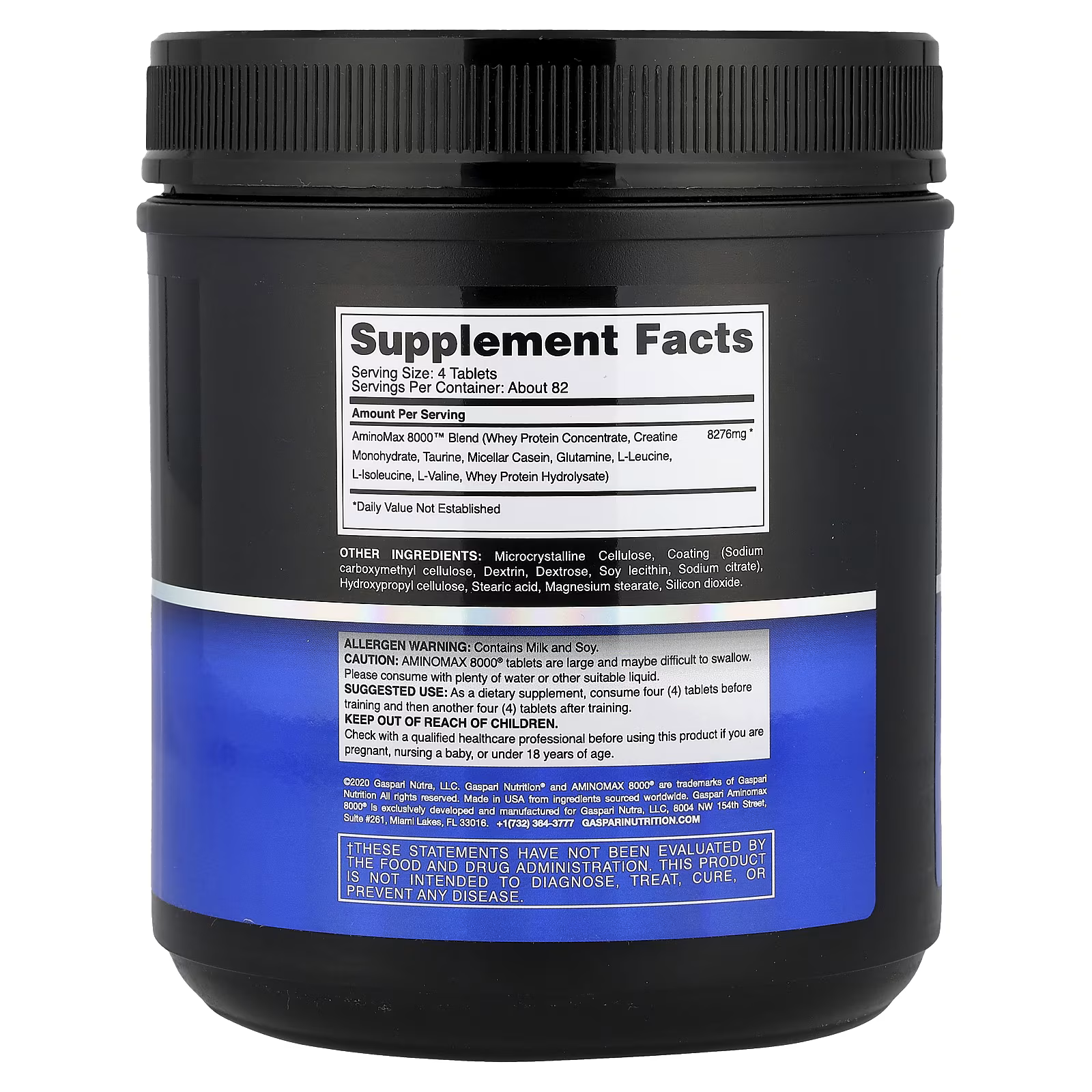Back view of AminoMax 8000 supplement container showing detailed supplement facts and ingredients. Designed for advanced athletes and bodybuilders to support endurance and strength.
