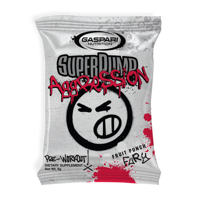Close-up of a SuperPump Aggression sample sachet from Gaspari Nutrition in Fruit Punch Fury flavor, showcasing bold branding and a cheeky graphic design on the package.