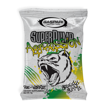 SuperPump Aggression sample sachet with an illustration of a roaring bear labeled Grizzly Gummy, showcasing vibrant colors and the Gaspari Nutrition logo.