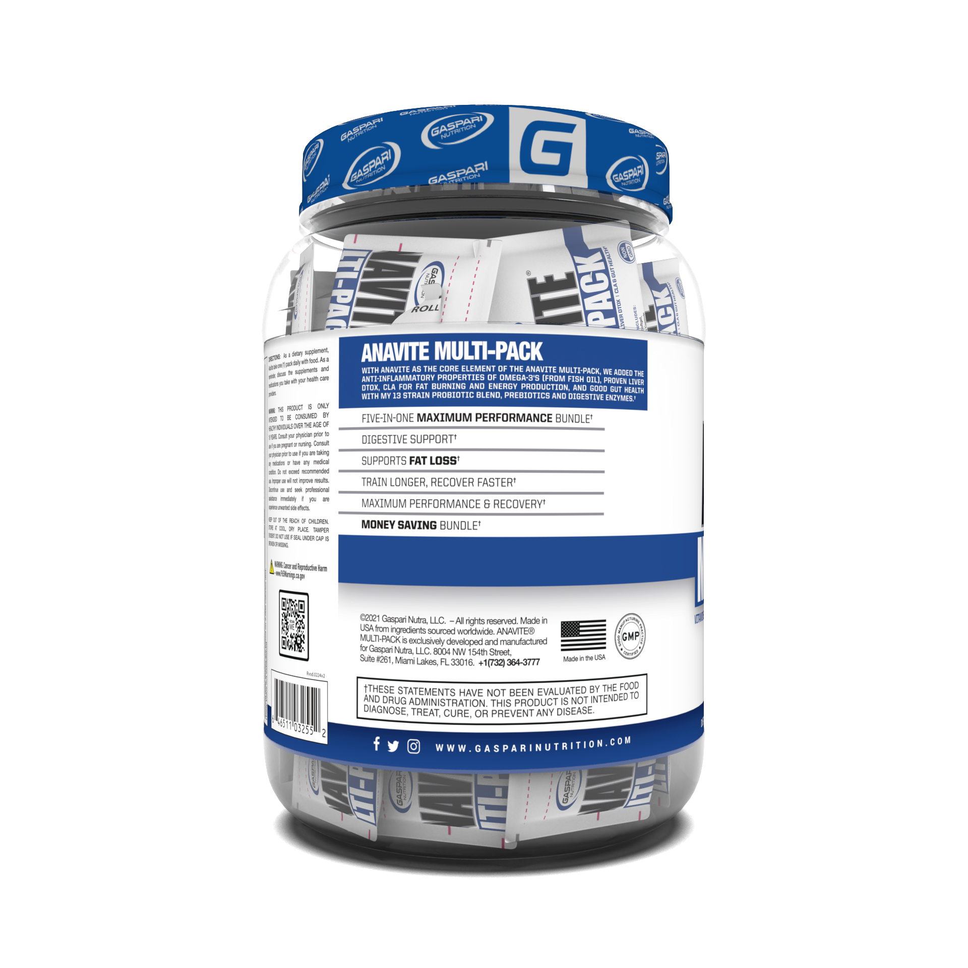 Side view of the Anavite Multi-Pack by Gaspari Nutrition, emphasizing its five-in-one benefits as a performance multivitamin for athletes.