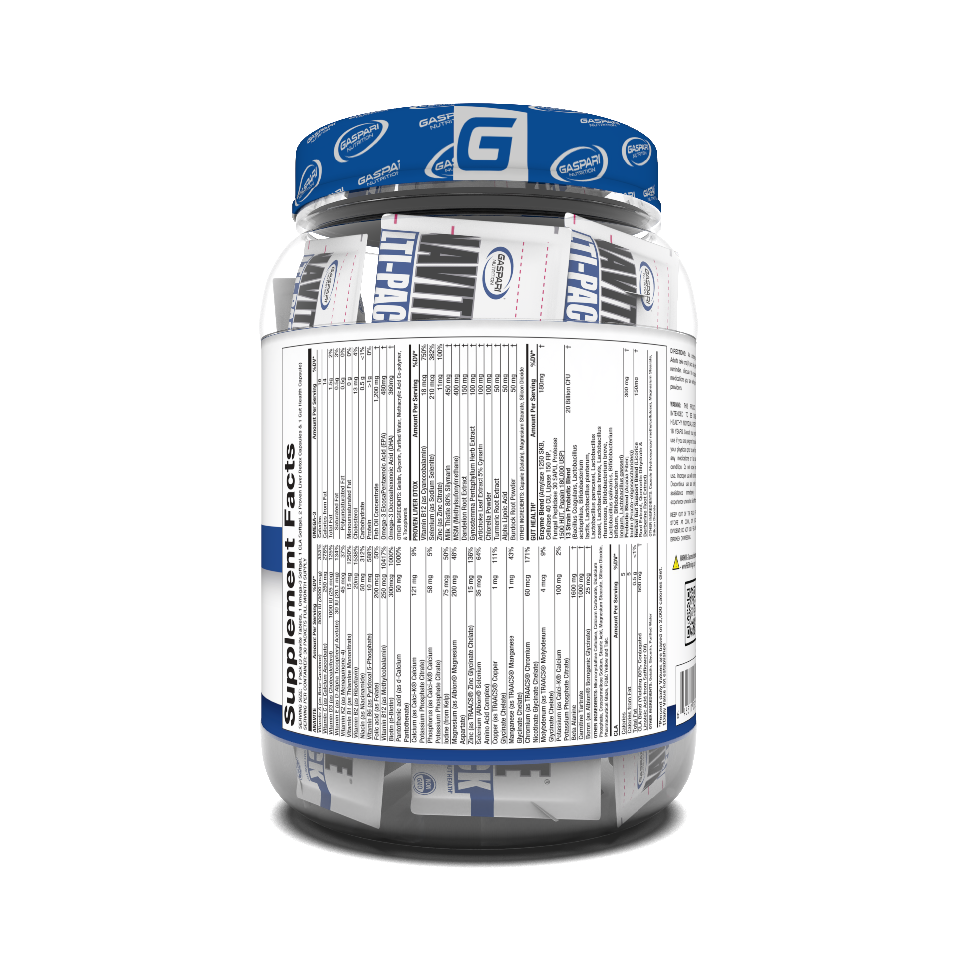 Back view of Anavite Multi-Pack from Gaspari Nutrition, displaying the supplement facts and features of this performance multivitamin.