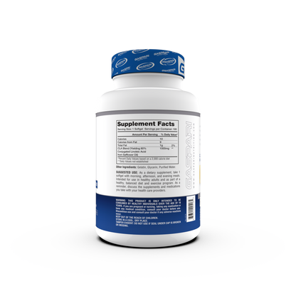 Back view of CLA – 1000mg Softgels for Weight Loss and Muscle Retention by Gaspari Nutrition, displaying Supplement Facts and suggested use.