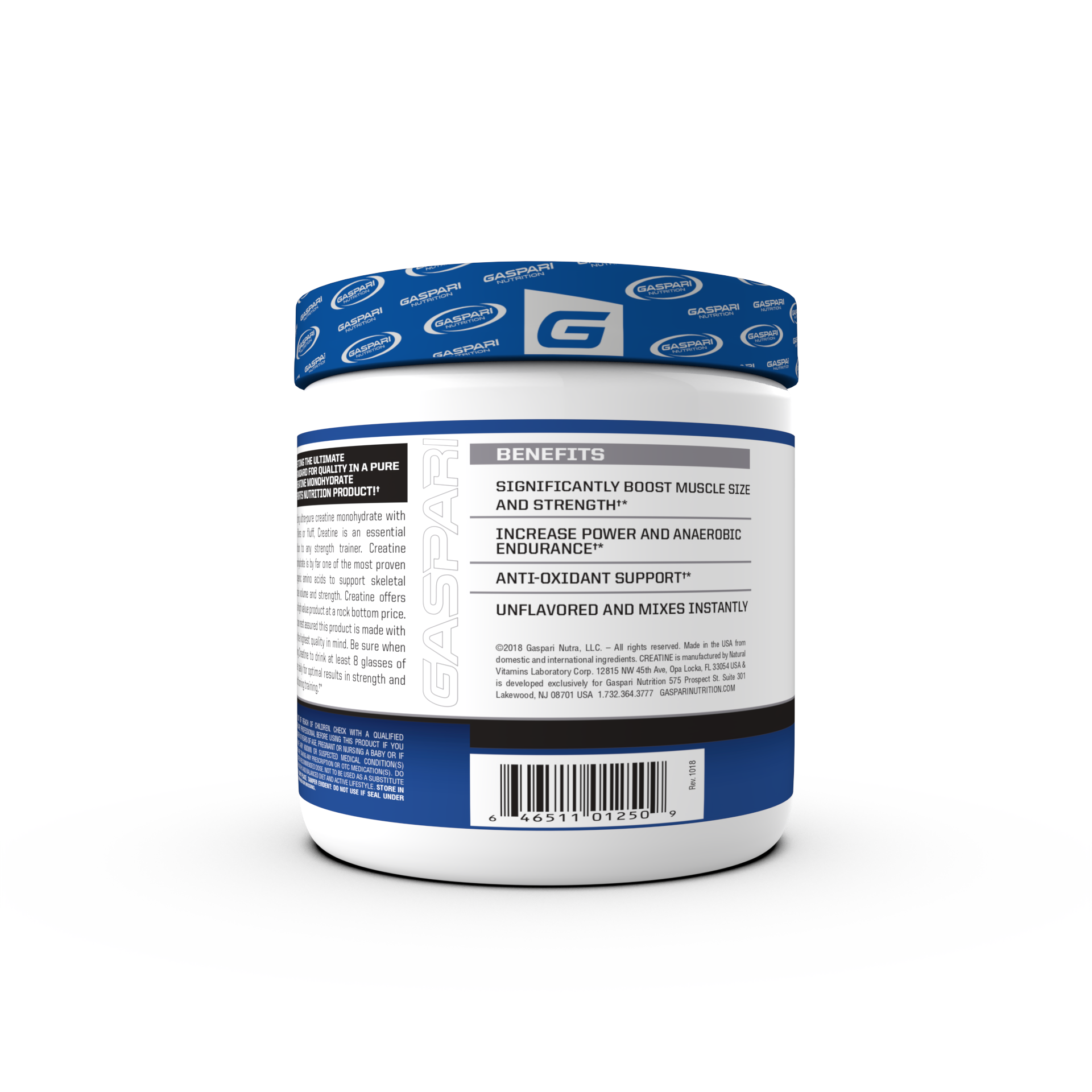 Container of Gaspari Nutrition Creatine, 300g, featuring bold text stating 'CREATINE' and 'PURE CREATINE MONOHYDRATE', with details about serving size and dietary information.
