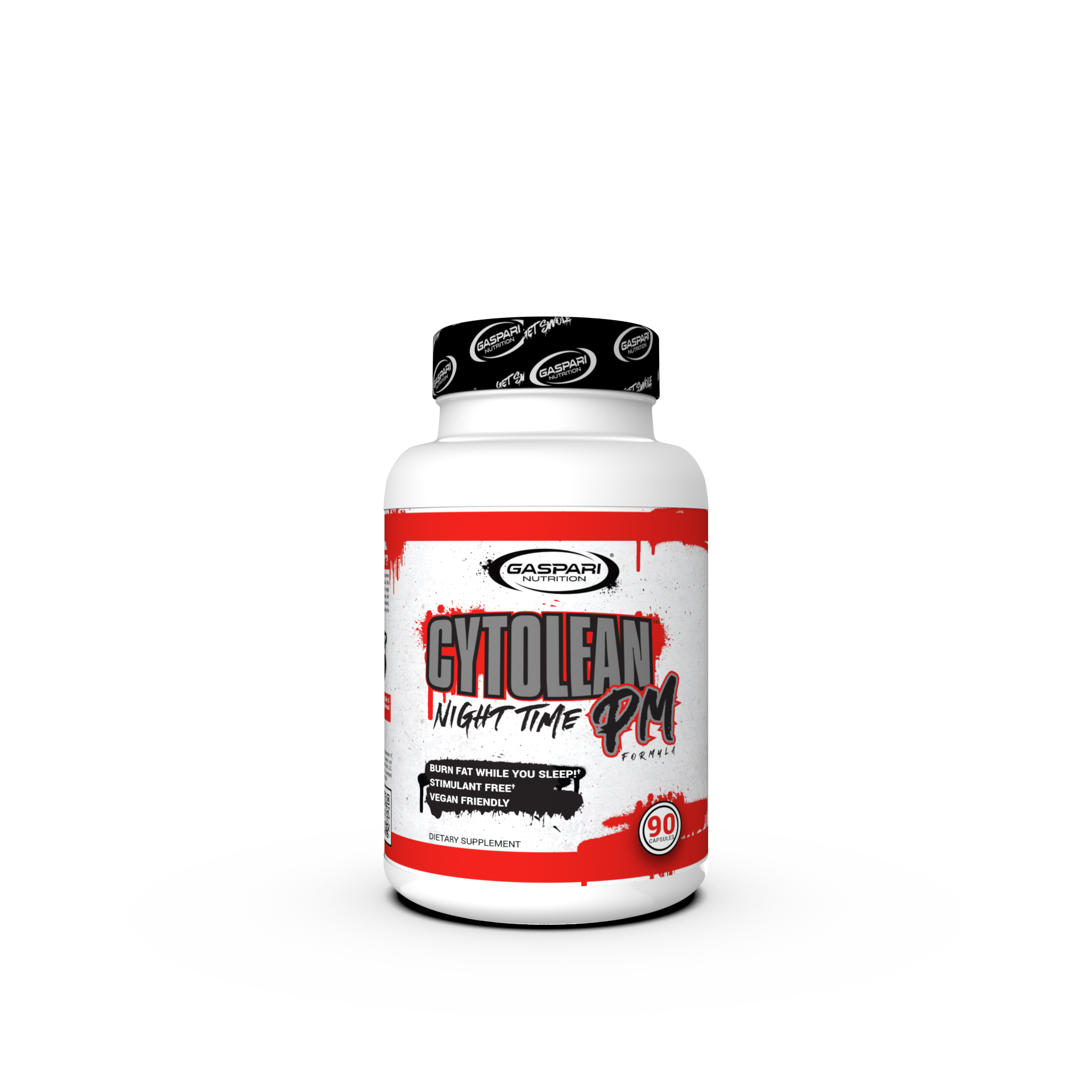 Gaspari Nutrition Cytolean Night Time PM supplement bottle showcasing a vibrant design, labeled with instructions and features such as 'Burn Fat While You Sleep' and 'Stimulant Free'. 