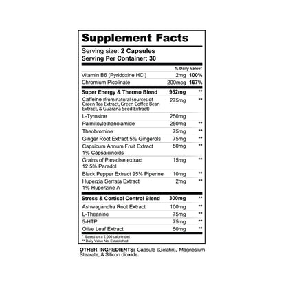 Supplement facts for DTN8 Explosive Fat Burner by Gaspari Nutrition detailing all ingredients and their benefits.