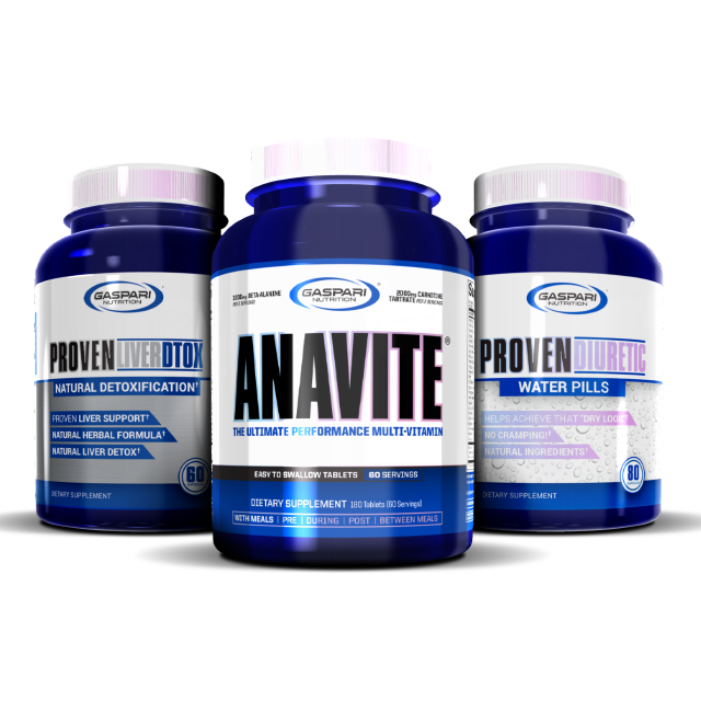 Three bottles of Gaspari Nutrition supplements: Proven Liver Detox, Anavite Multi-Vitamin, and Proven Diuretic. Each bottle features vibrant blue packaging with clear labels highlighting their health benefits.