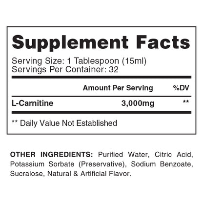 Supplement facts for Liquid Carnitine 3000, part of the Gaspari Nutrition Summer Shred Stack, highlighting its role in boosting metabolism.