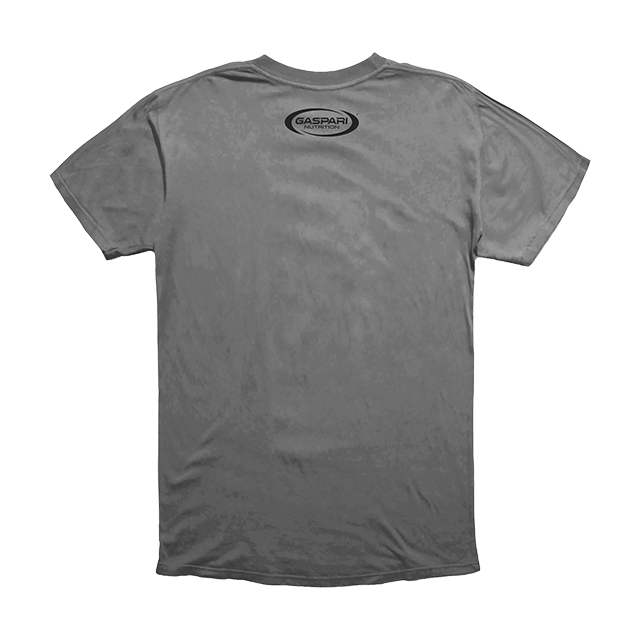 Back view of the gray Gaspari Proven Performance Tee showcasing the Gaspari Nutrition logo at the neckline.
