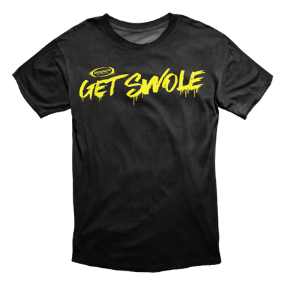 Men's black 'Get Swole' t-shirt with bold yellow font from Gaspari Nutrition.