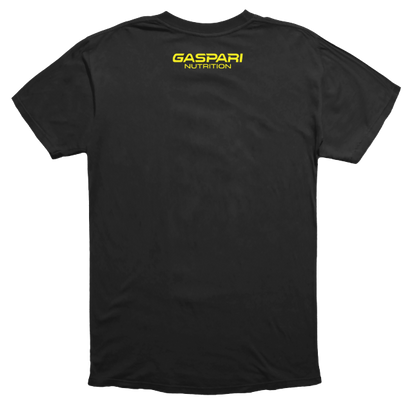 Back view of men's black 'Get Swole' t-shirt featuring 'Gaspari Nutrition' logo in yellow.
