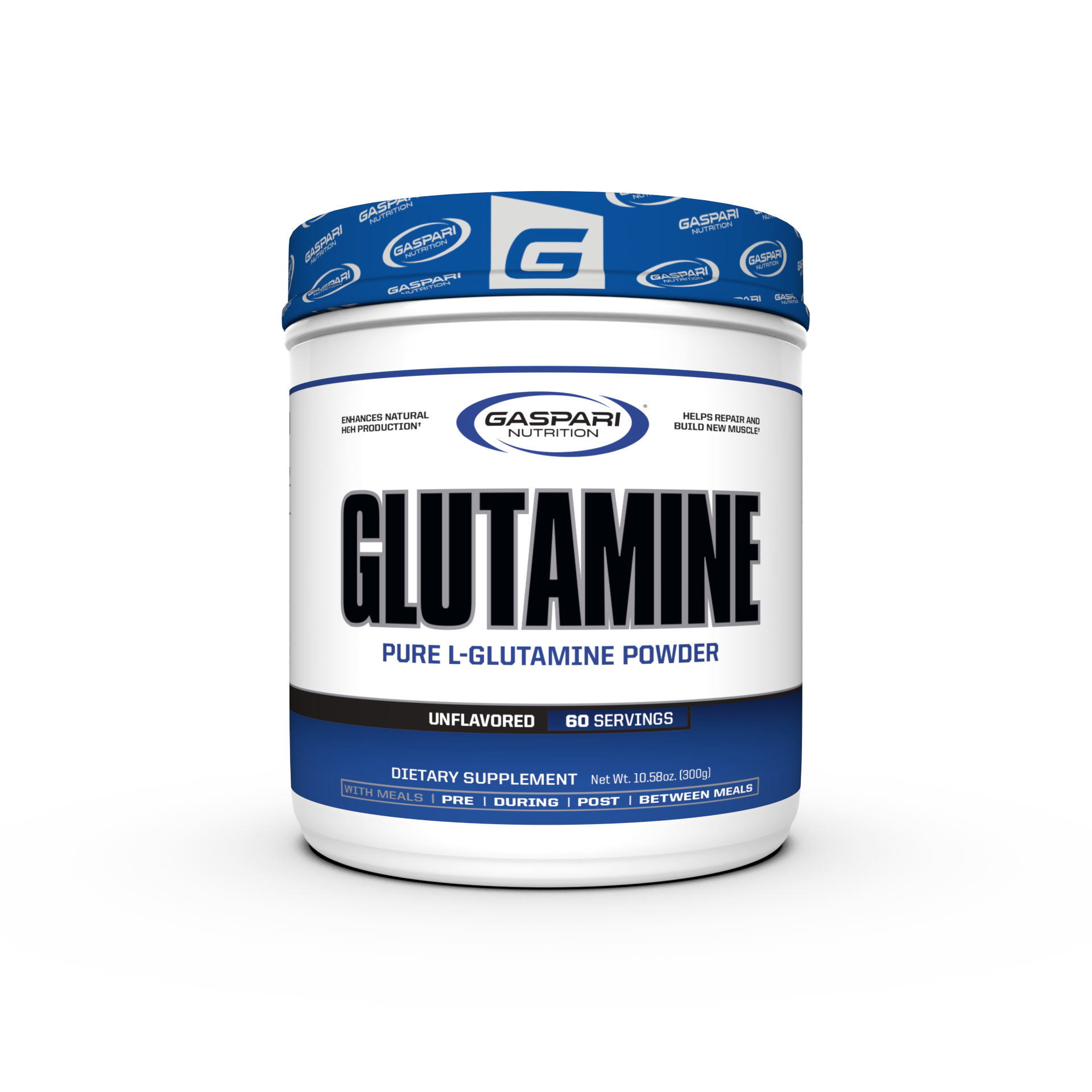 Gaspari Nutrition Glutamine product showcasing a tub of pure L-Glutamine powder with a label indicating unflavored supplement with 60 servings.