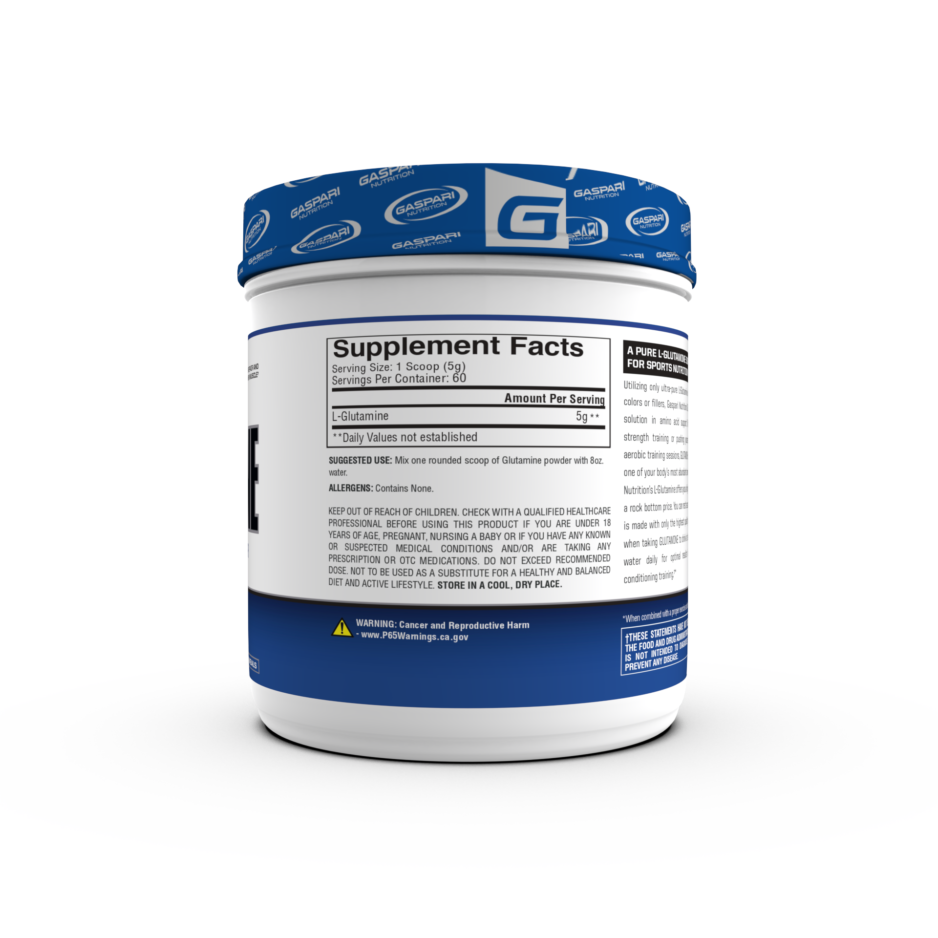 Supplement facts for Gaspari Nutrition Glutamine highlighting serving size, ingredient details, and nutritional information for pure L-Glutamine powder.