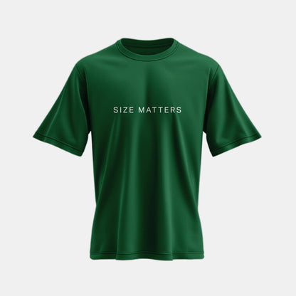 Front view of a green oversized t-shirt with 'Size Matters' printed on the front, perfect for workouts and casual outings.