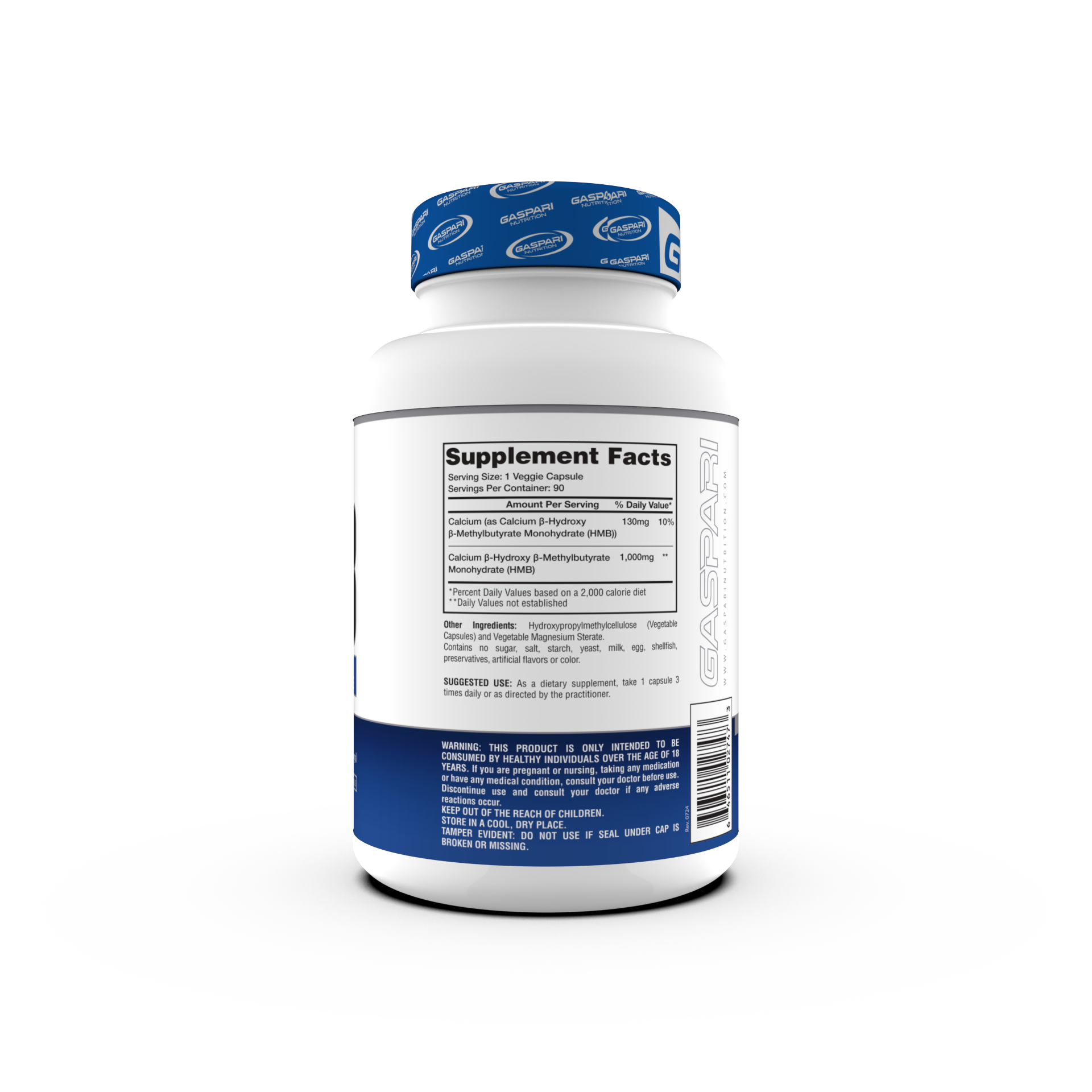 Gaspari Nutrition HMB supplement bottle featuring Pure Beta-Hydroxy Beta-Methylbutyrate, dietary supplement, 90 capsules, with a blue and white design.