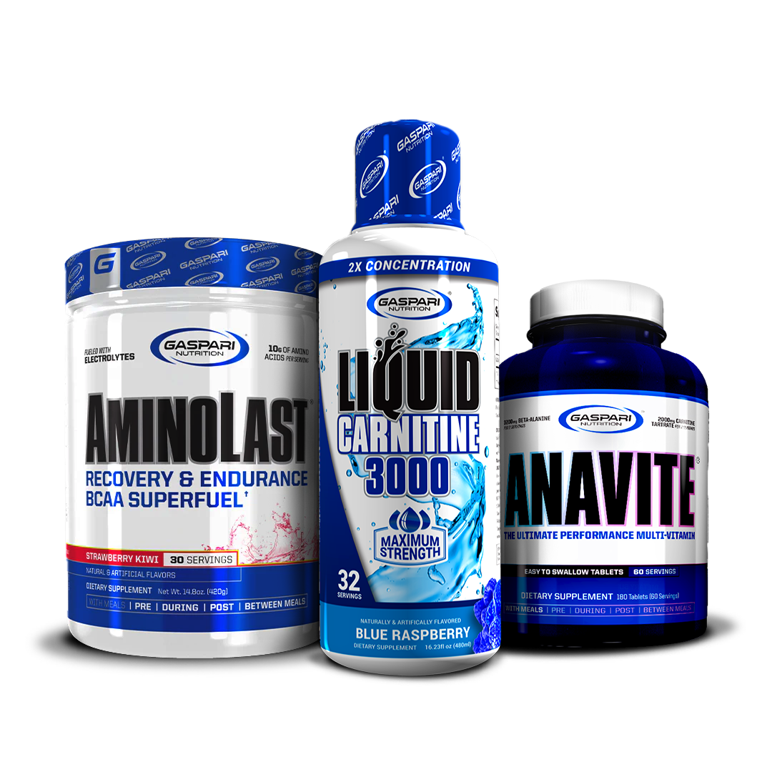 Aesthetic display of Kick Back & Burn Fat Stack with AminoLast BCAA Superfuel, Liquid Carnitine 3000 in Fruit Punch flavor, and Anavite Multi-Vitamin by Gaspari Nutrition.