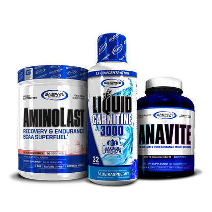 Showcasing the Kick Back & Burn Fat Stack with AminoLast, Liquid Carnitine 3000 in Strawberry Kiwi flavor, and Anavite Multivitamin from Gaspari Nutrition.