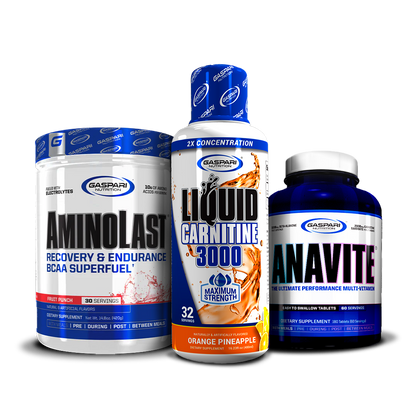 Kick Back & Burn Fat Stack with AminoLast BCAA Superfuel, Liquid Carnitine 3000 in Black Cherry flavor, and Anavite Multi-Vitamin by Gaspari Nutrition.