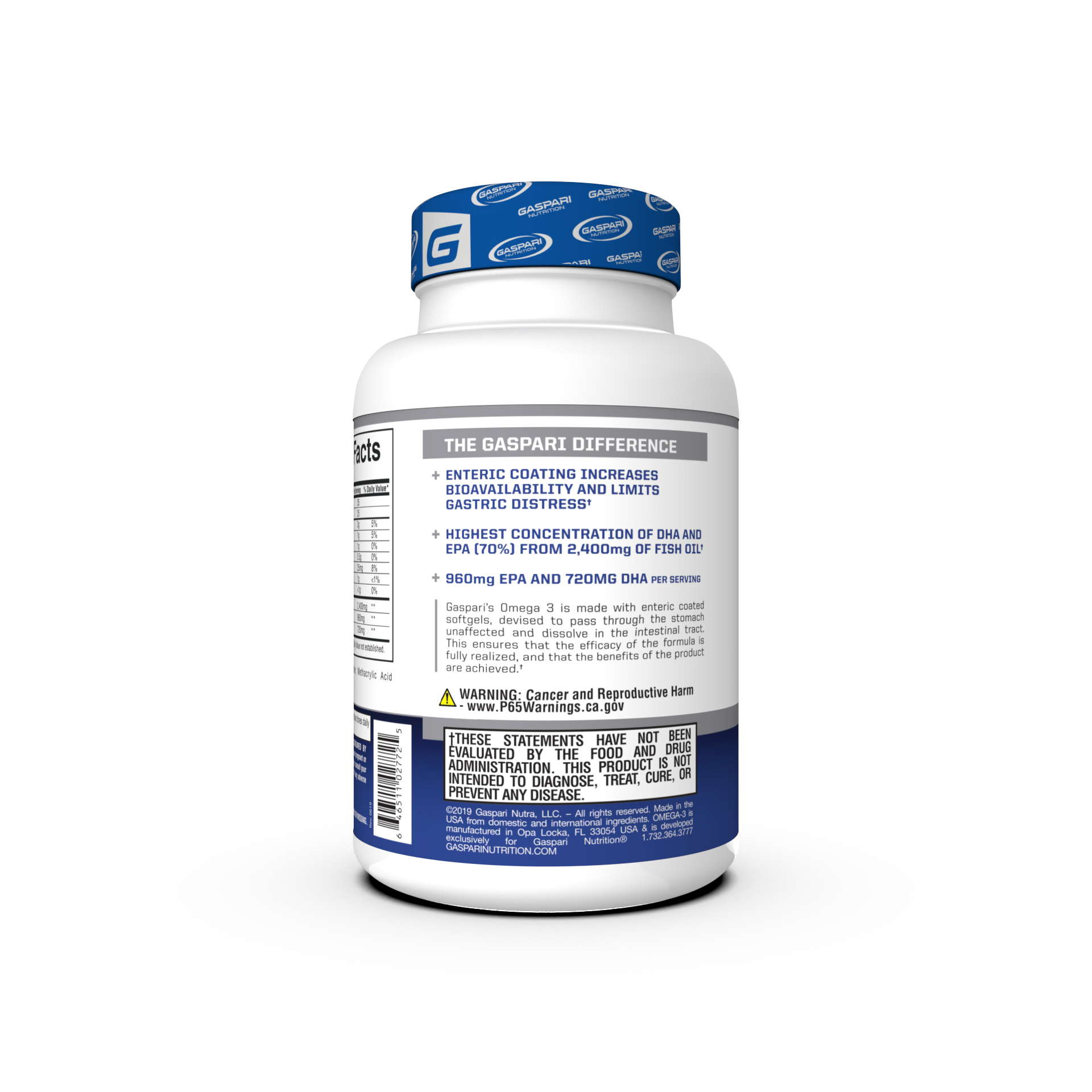 Gaspari Nutrition Omega-3 supplement bottle showcasing high strength enteric coated fish oil with 2400mg per serving. Clear labeling and modern design highlight product benefits.