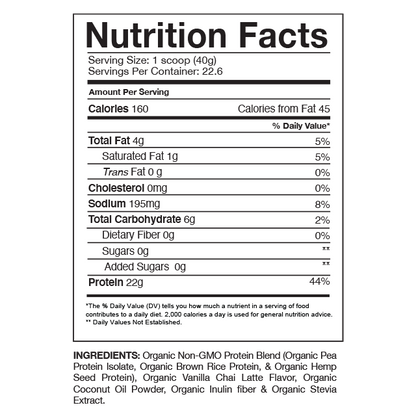 Nutrition Facts for Gaspari Nutrition Proven Vegan™ Organic Plant-Based Protein including calories, total fat, protein, and ingredient list.