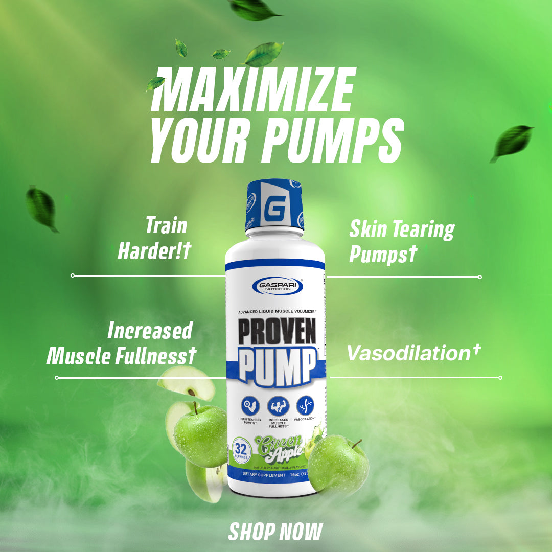 Gaspari Nutrition's Proven Pump liquid muscle volumizer for skin tearing pumps and improved muscle fullness.