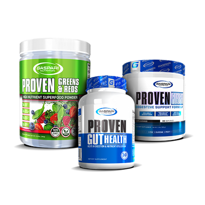 Gaspari Nutrition Proven Digestive Support Stack featuring three products: Proven Greens & Reds superfood powder, Proven Gut Health capsules, and Proven Fiber digestive support formula, all on a clean white background.
