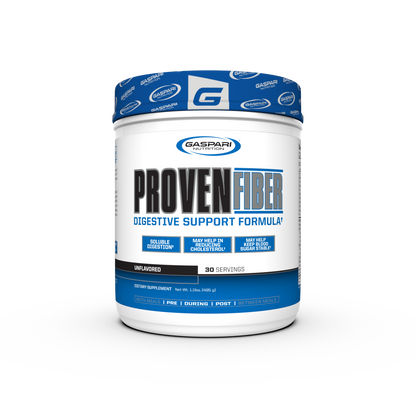 Gaspari Nutrition Proven Fiber Digestive Support container showcasing the product's unflavored formula, ideal for digestive health.