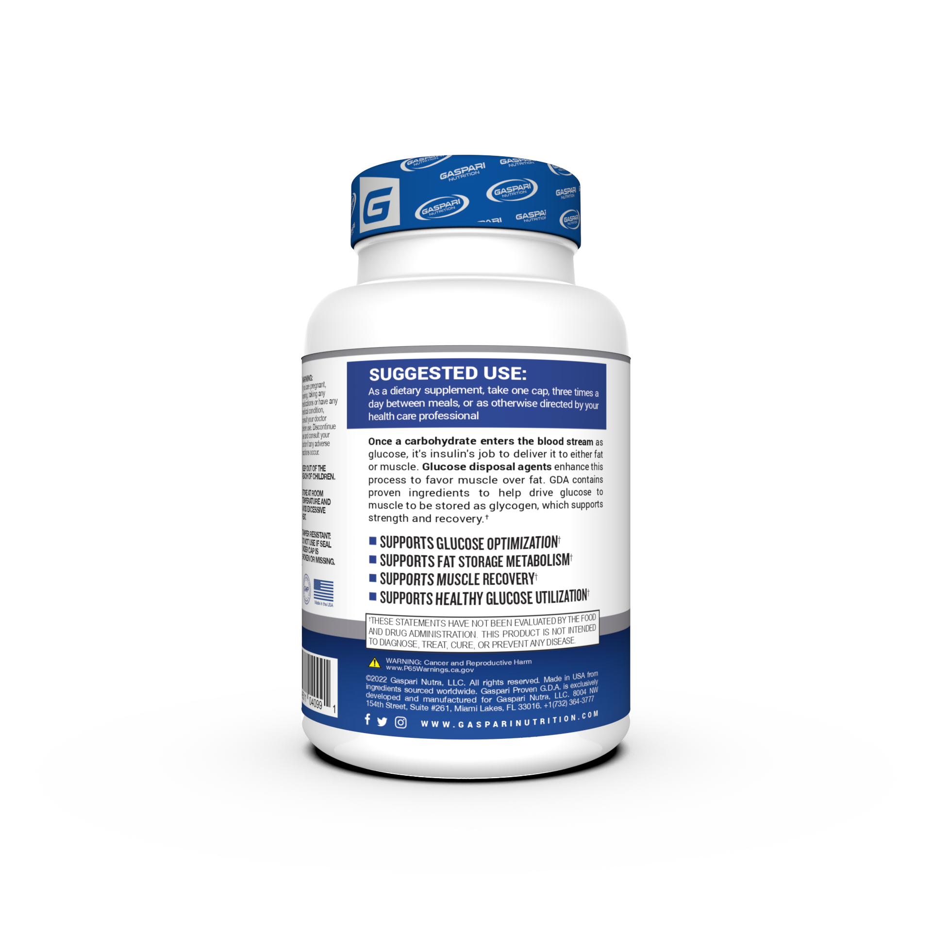 Side view of Proven GDA - Glucose Disposal Agent supplement with instructions on how to use, emphasizing its dietary benefits.