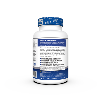 Side view of Proven GDA - Glucose Disposal Agent supplement with instructions on how to use, emphasizing its dietary benefits.